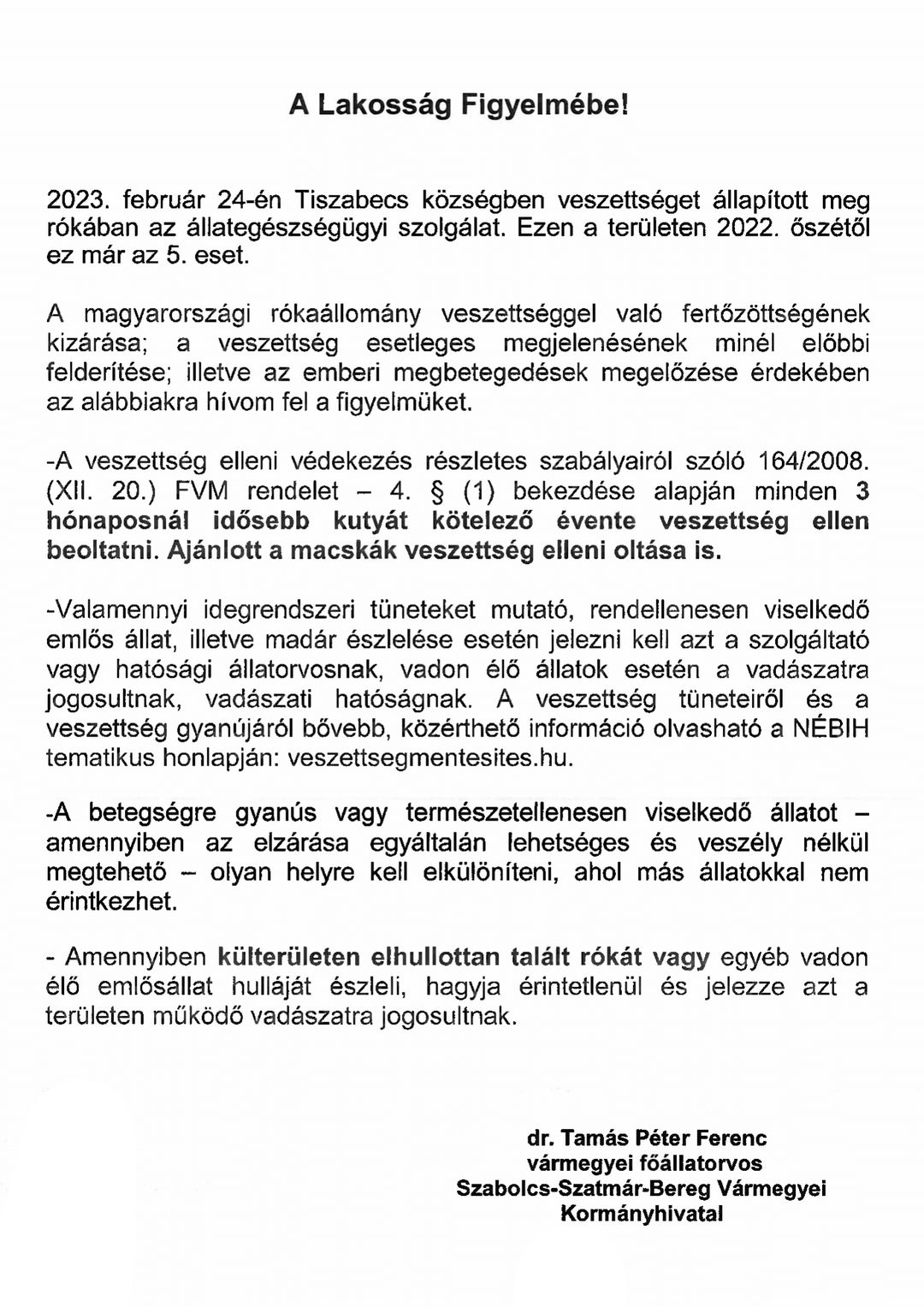 veszettseg hirdetmeny
